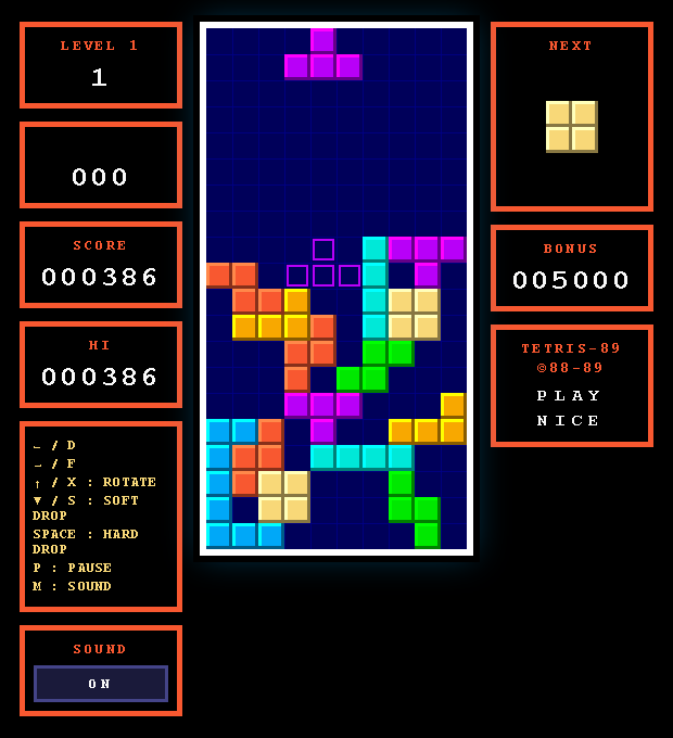Mid-game Tetris board with a stack of colored tetrominoes, a hollow outlined ghost piece near the top, an O piece in the NEXT panel, and a score of 000386.