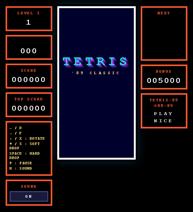 The Tetris '89 title screen: a cyan TETRIS wordmark on a dark blue well, flanked by orange-bordered LEVEL, SCORE, TOP SCORE and control panels.